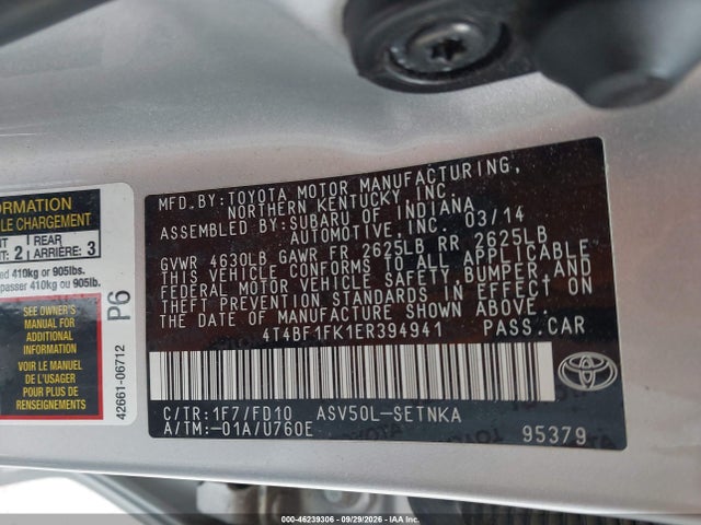 Aukcja sprzedaży 2014 Toyota Camry Le, vin: 4T4BF1FK1ER394941, numer aukcji: 46239306