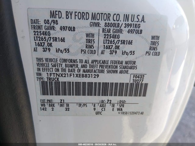 46239316 :رقم المزاد ، 1FTNX21F1XEB83129 vin ، 1999 Ford F-250 Lariat/xl/xlt مزاد بيع