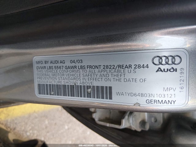 Aukcja sprzedaży 2003 Audi Allroad 2.7t, vin: WA1YD64B03N103121, numer aukcji: 46239343