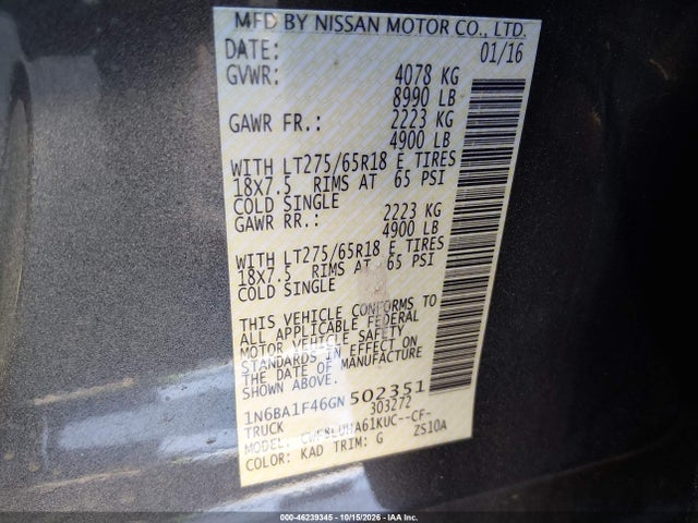 Продаж на аукціоні авто 2016 Nissan Titan Xd Pro-4x Diesel, vin: 1N6BA1F46GN502351, номер лоту: 46239345