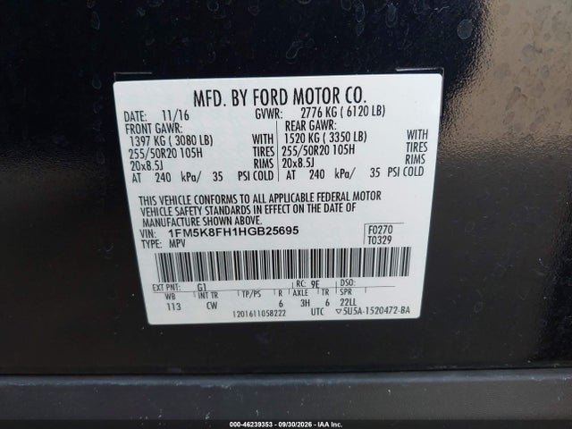 2017 Ford Explorer Limited მანქანა იყიდება აუქციონზე, vin: 1FM5K8FH1HGB25695, აუქციონის ნომერი: 46239353