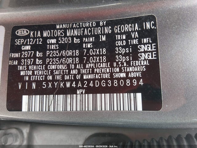46239354 :رقم المزاد ، 5XYKW4A24DG380894 vin ، 2013 Kia Sorento Sx مزاد بيع