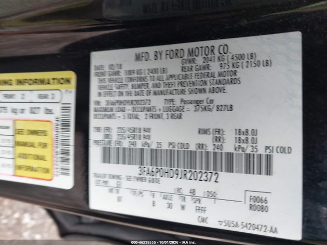 46239355 :رقم المزاد ، 3FA6P0HD9JR202372 vin ، 2018 Ford Fusion Se مزاد بيع
