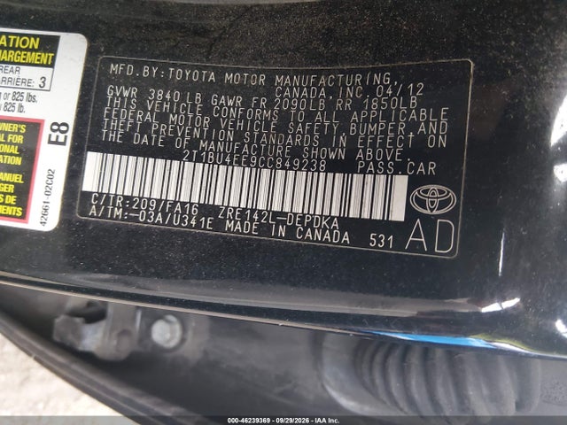 Aukcja sprzedaży 2012 Toyota Corolla L, vin: 2T1BU4EE9CC849238, numer aukcji: 46239369