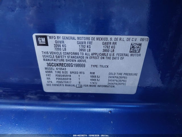 46239374 :رقم المزاد ، 3GCUKREC8EG198669 vin ، 2014 Chevrolet Silverado 1500 1lt مزاد بيع