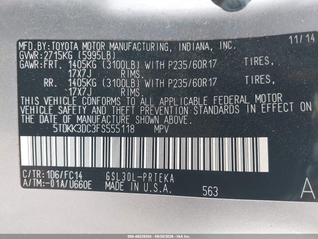 46239384 :رقم المزاد ، 5TDKK3DC3FS555118 vin ، 2015 Toyota Sienna Le 8 Passenger مزاد بيع