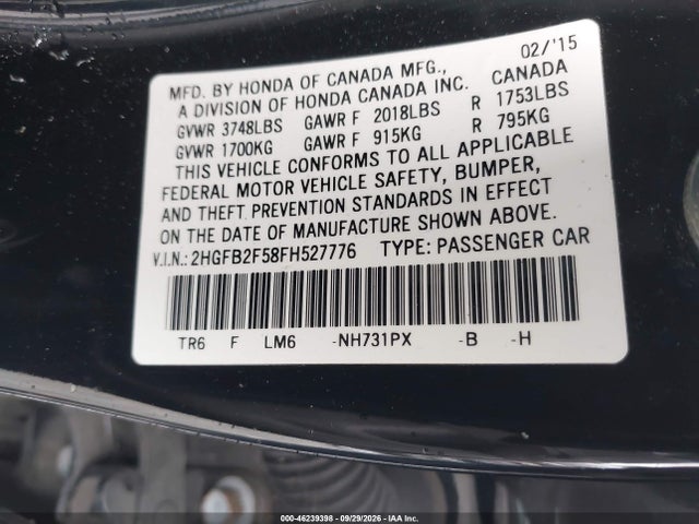 Aukcja sprzedaży 2015 Honda Civic Lx, vin: 2HGFB2F58FH527776, numer aukcji: 46239398