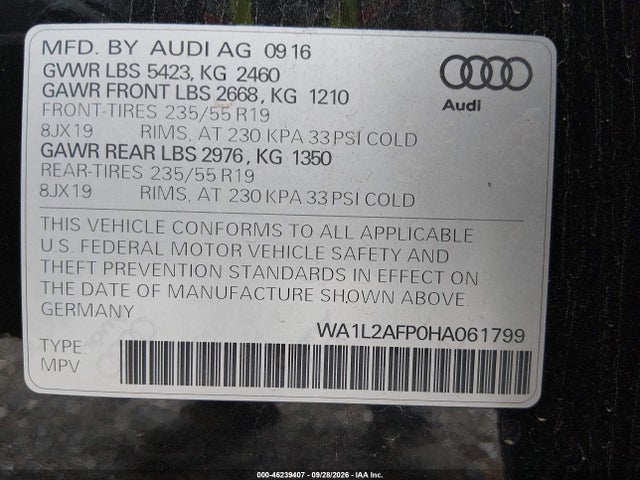 46239407 :رقم المزاد ، WA1L2AFP0HA061799 vin ، 2017 Audi Q5 2.0t Premium مزاد بيع