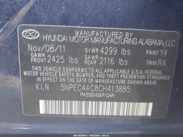 Продажа на аукционе авто 2012 Hyundai Sonata Gls/limited/se, vin: 5NPEC4AC8CH413885, номер лота: 46239410