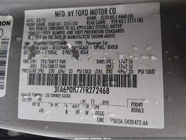 Продаж на аукціоні авто 2015 Ford Fusion Se, vin: 3FA6P0H77FR272468, номер лоту: 46239418