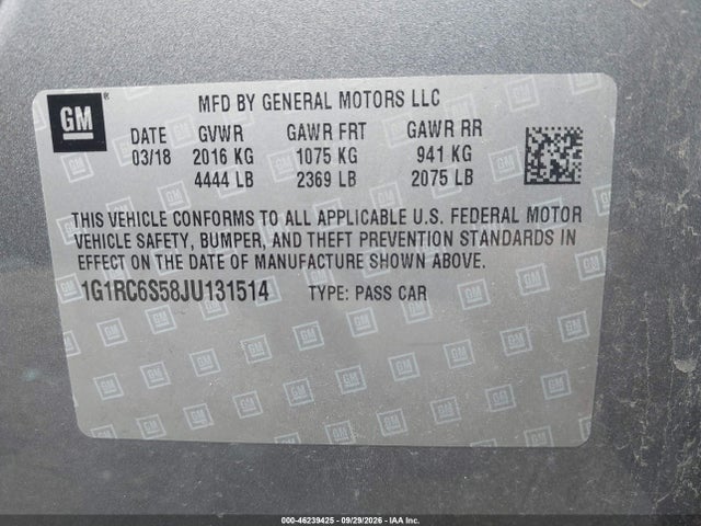 Aukcja sprzedaży 2018 Chevrolet Volt Lt, vin: 1G1RC6S58JU131514, numer aukcji: 46239425