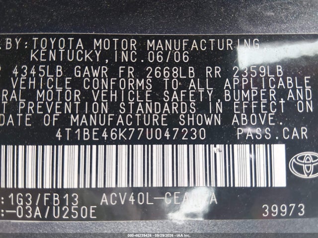 2007 Toyota Camry Le მანქანა იყიდება აუქციონზე, vin: 4T1BE46K77U047230, აუქციონის ნომერი: 46239426