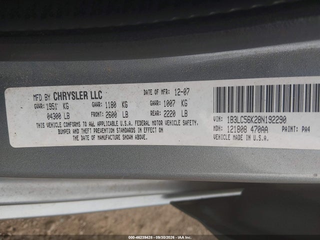 Продажа на аукционе авто 2008 Dodge Avenger Sxt, vin: 1B3LC56K28N192290, номер лота: 46239428