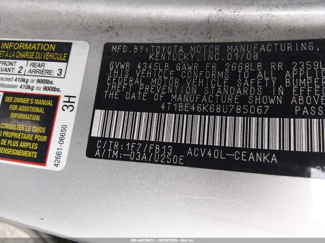2008 Toyota Camry Le მანქანა იყიდება აუქციონზე, vin: 4T1BE46K68U785067, აუქციონის ნომერი: 46239431