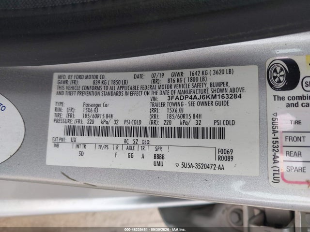 2019 Ford Fiesta S მანქანა იყიდება აუქციონზე, vin: 3FADP4AJ6KM163284, აუქციონის ნომერი: 46239451