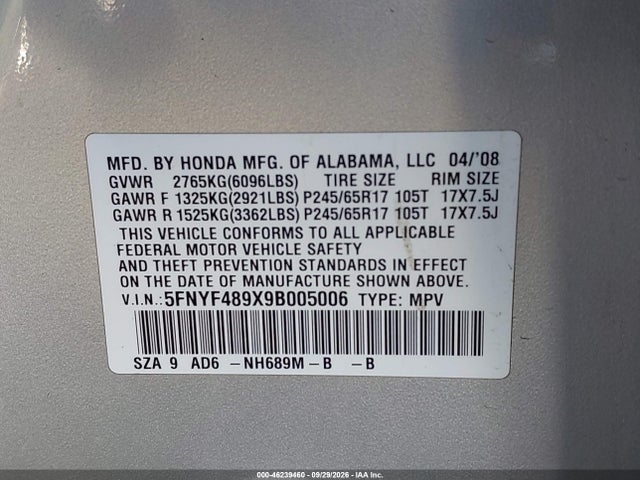 2009 Honda Pilot Touring მანქანა იყიდება აუქციონზე, vin: 5FNYF489X9B005006, აუქციონის ნომერი: 46239460