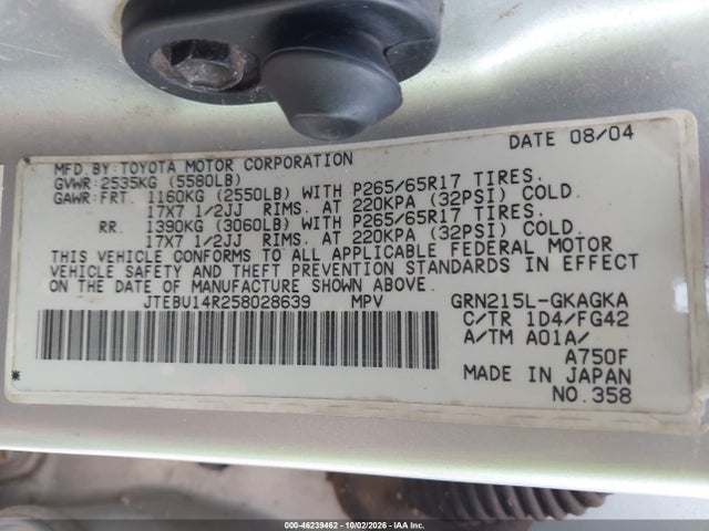 46239462 :رقم المزاد ، JTEBU14R258028639 vin ، 2005 Toyota 4runner Sr5 V6 مزاد بيع