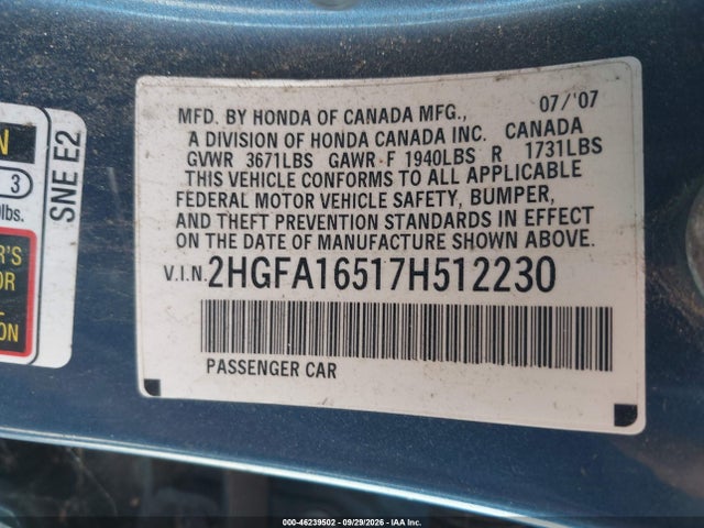 Продажа на аукционе авто 2007 Honda Civic Lx, vin: 2HGFA16517H512230, номер лота: 46239502