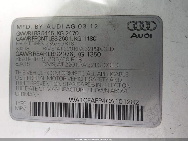 Продаж на аукціоні авто 2012 Audi Q5 2.0t Premium, vin: WA1CFAFP4CA101282, номер лоту: 46239518