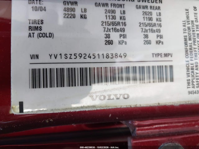 46239538 :رقم المزاد ، YV1SZ592451183849 vin ، 2005 Volvo Xc70 مزاد بيع