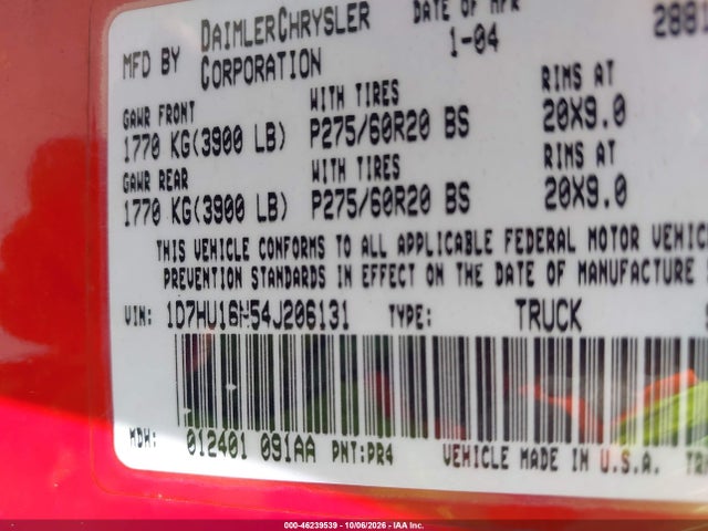 Auction sale of the 2004 Dodge Ram 1500 Slt/laramie, vin: 1D7HU16N54J206131, lot number: 46239539
