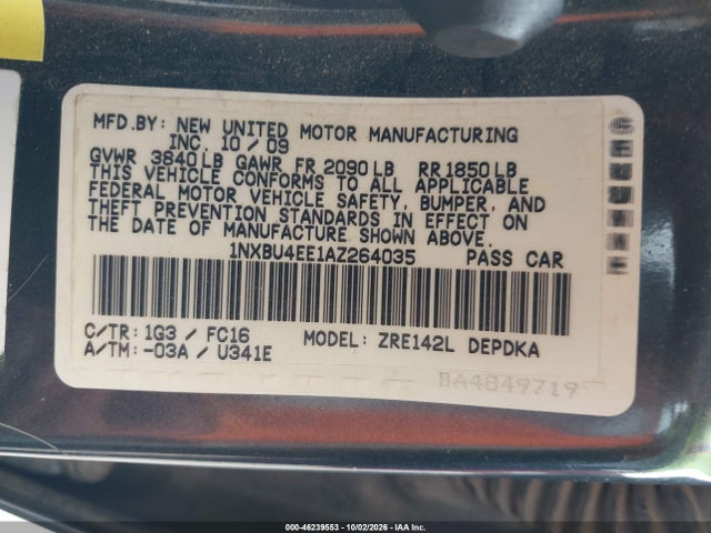 2010 Toyota Corolla Le მანქანა იყიდება აუქციონზე, vin: 1NXBU4EE1AZ264035, აუქციონის ნომერი: 46239553