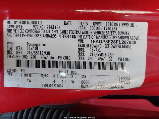Ford FOCUS SE 2015 1FADP3F28FL287849 Image 9