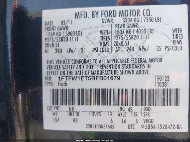 2011 Ford F-150 Lariat მანქანა იყიდება აუქციონზე, vin: 1FTFW1ET5BFB01679, აუქციონის ნომერი: 46239565