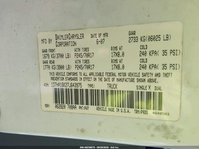 46239570 :رقم المزاد ، 1D7HA16K27J643975 vin ، 2007 Dodge Ram 1500 St مزاد بيع