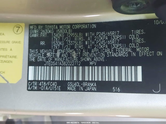 Aukcja sprzedaży 2008 Toyota Highlander, vin: JTEDS41A382022712, numer aukcji: 46239574