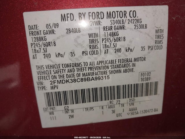 46239577 :رقم المزاد ، 2FMDK38C89BA99315 vin ، 2009 Ford Edge Sel مزاد بيع