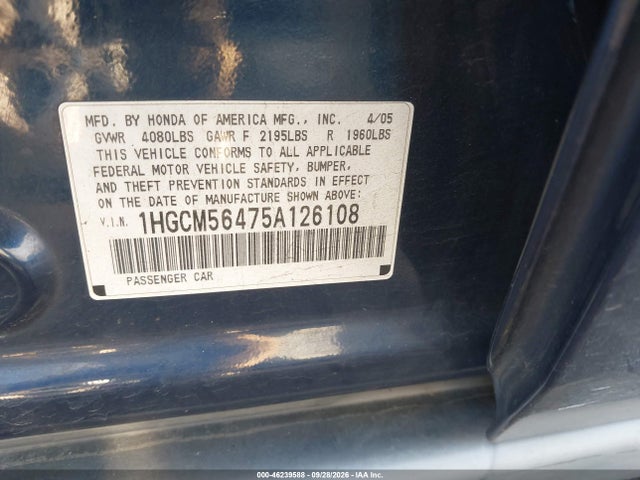 46239588 :رقم المزاد ، 1HGCM56475A126108 vin ، 2005 Honda Accord 2.4 Lx مزاد بيع