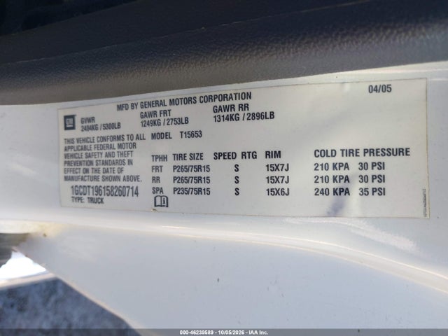 Продаж на аукціоні авто 2005 Chevrolet Colorado Ls, vin: 1GCDT196158260714, номер лоту: 46239589
