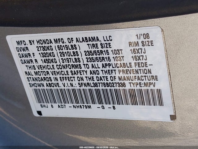 Aukcja sprzedaży 2008 Honda Odyssey Ex-l, vin: 5FNRL38778B027338, numer aukcji: 46239600