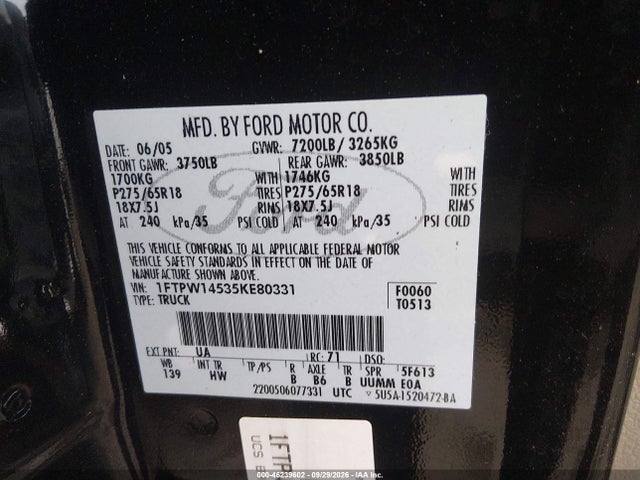2005 Ford F-150 Fx4/lariat/xlt მანქანა იყიდება აუქციონზე, vin: 1FTPW14535KE80331, აუქციონის ნომერი: 46239602