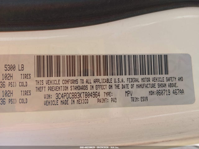 Aukcja sprzedaży 2019 Dodge Journey Se, vin: 3C4PDCBB3KT804964, numer aukcji: 46239629