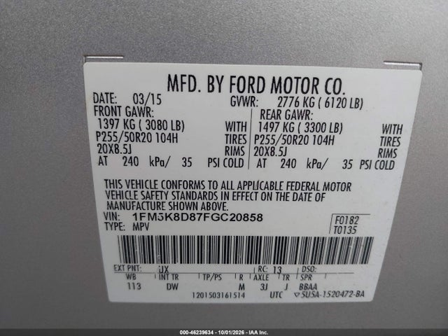 2015 Ford Explorer Xlt მანქანა იყიდება აუქციონზე, vin: 1FM5K8D87FGC20858, აუქციონის ნომერი: 46239634