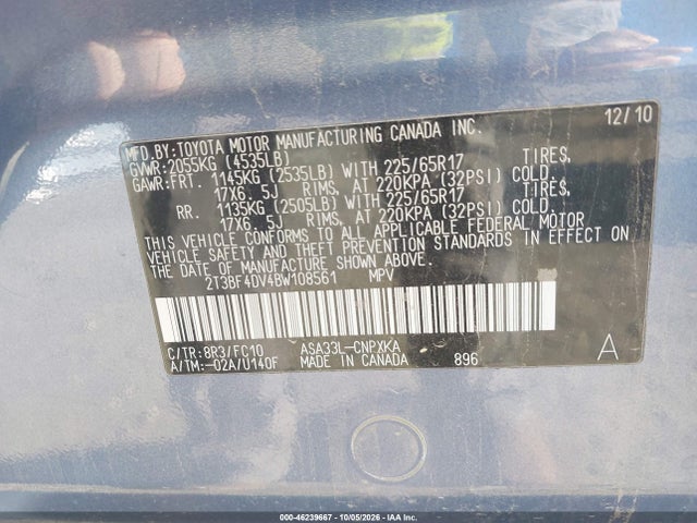 46239667 :رقم المزاد ، 2T3BF4DV4BW108561 vin ، 2011 Toyota Rav4 مزاد بيع