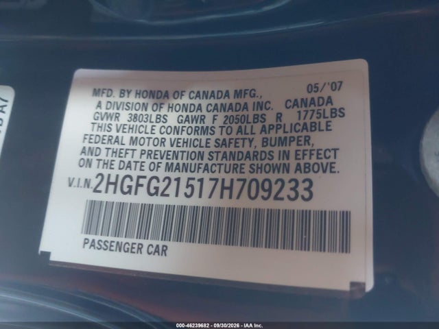46239682 :رقم المزاد ، 2HGFG21517H709233 vin ، 2007 Honda Civic Si مزاد بيع