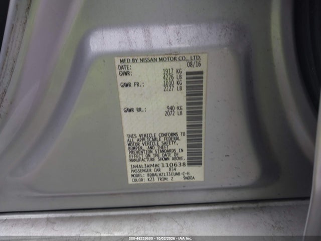 46239690 :رقم المزاد ، 1N4AL3AP4HC110638 vin ، 2017 Nissan Altima 2.5 Sr مزاد بيع