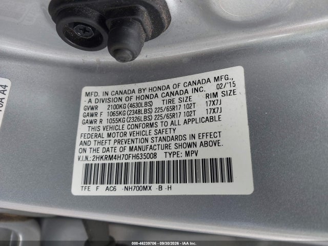 2015 Honda Cr-v Ex-l მანქანა იყიდება აუქციონზე, vin: 2HKRM4H70FH635008, აუქციონის ნომერი: 46239706
