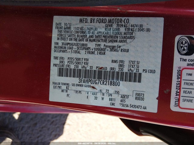 Продажа на аукционе авто 2012 Ford Fusion Sel, vin: 3FAHP0JG7CR218800, номер лота: 46239718