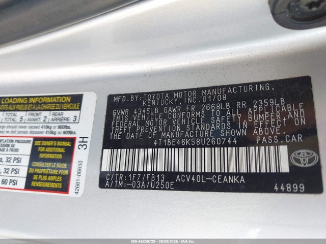 2008 Toyota Camry Le მანქანა იყიდება აუქციონზე, vin: 4T1BE46K58U260744, აუქციონის ნომერი: 46239729