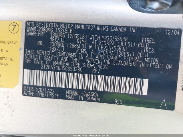 46239728 :رقم المزاد ، 2T2HA31U85C053380 vin ، 2005 Lexus Rx 330 مزاد بيع
