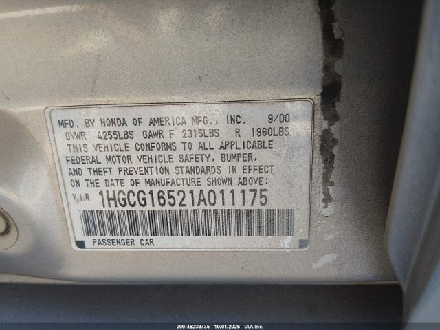 Aukcja sprzedaży 2001 Honda Accord 3.0 Ex, vin: 1HGCG16521A011175, numer aukcji: 46239735