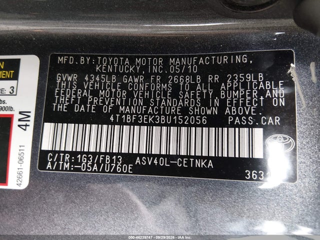 Продаж на аукціоні авто 2011 Toyota Camry Se/le/xle, vin: 4T1BF3EK3BU152056, номер лоту: 46239747