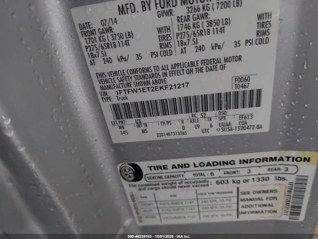 46239763 :رقم المزاد ، 1FTFW1ET2EKF21217 vin ، 2014 Ford F-150 Xlt مزاد بيع