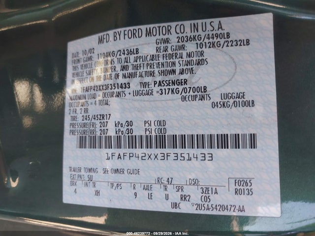 Продаж на аукціоні авто 2003 Ford Mustang Gt, vin: 1FAFP42XX3F351433, номер лоту: 46239772