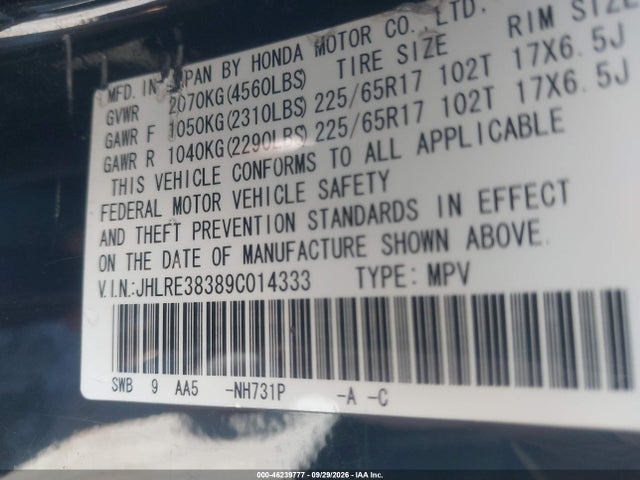 46239777 :رقم المزاد ، JHLRE38389C014333 vin ، 2009 Honda Cr-v Lx مزاد بيع