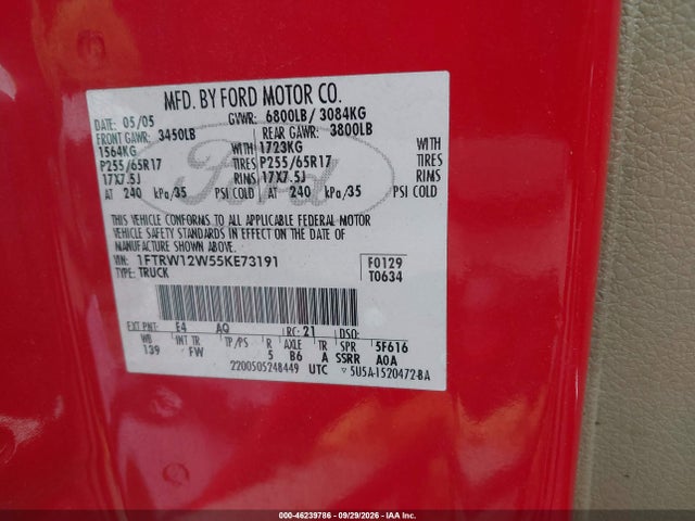 2005 Ford F-150 Xlt მანქანა იყიდება აუქციონზე, vin: 1FTRW12W55KE73191, აუქციონის ნომერი: 46239786